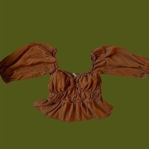 s/m burnt orange faux-corset top with puffed sleeves